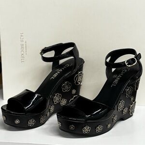CHANEL Black Patent Leather Camellia Platform Wedge Sandals